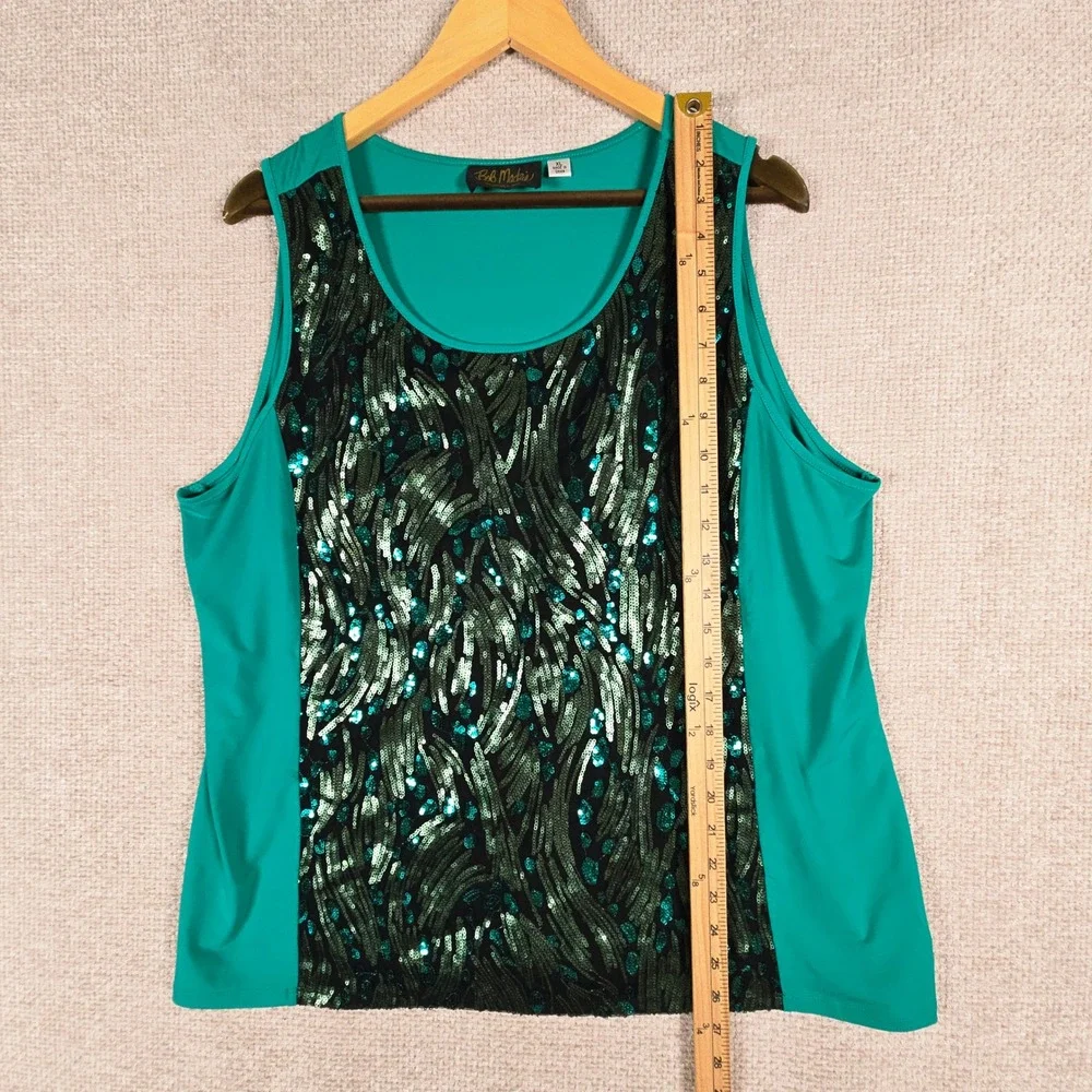 Bob Mackie Wearable Art Womens XL Teal Green Sequin Front Sleeveless Tank Top - Picture 4 of 9